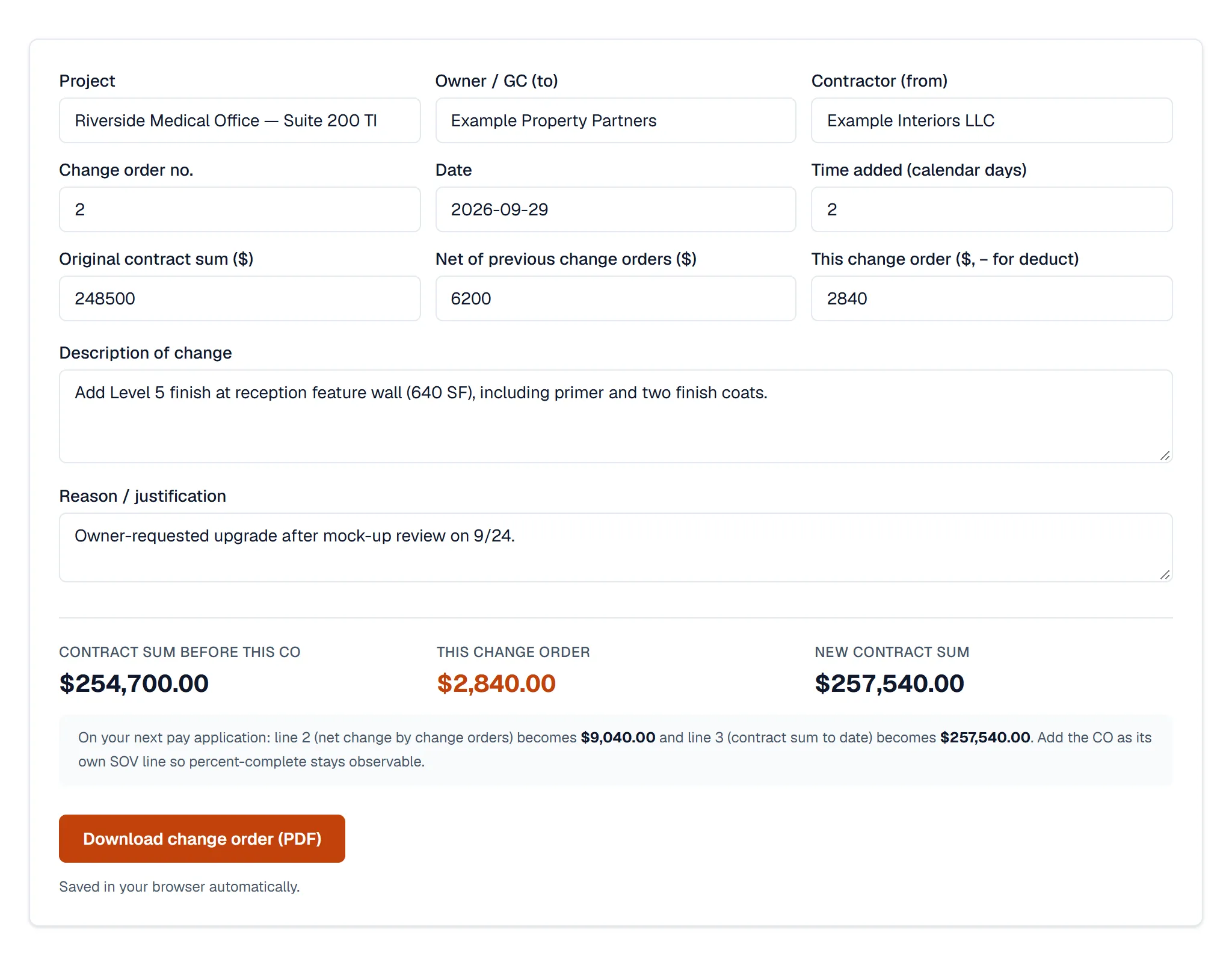 BuiltSum change order generator: a $2,840 owner-requested upgrade raising the contract sum from $254,700 to $257,540, with the pay-application lines it changes