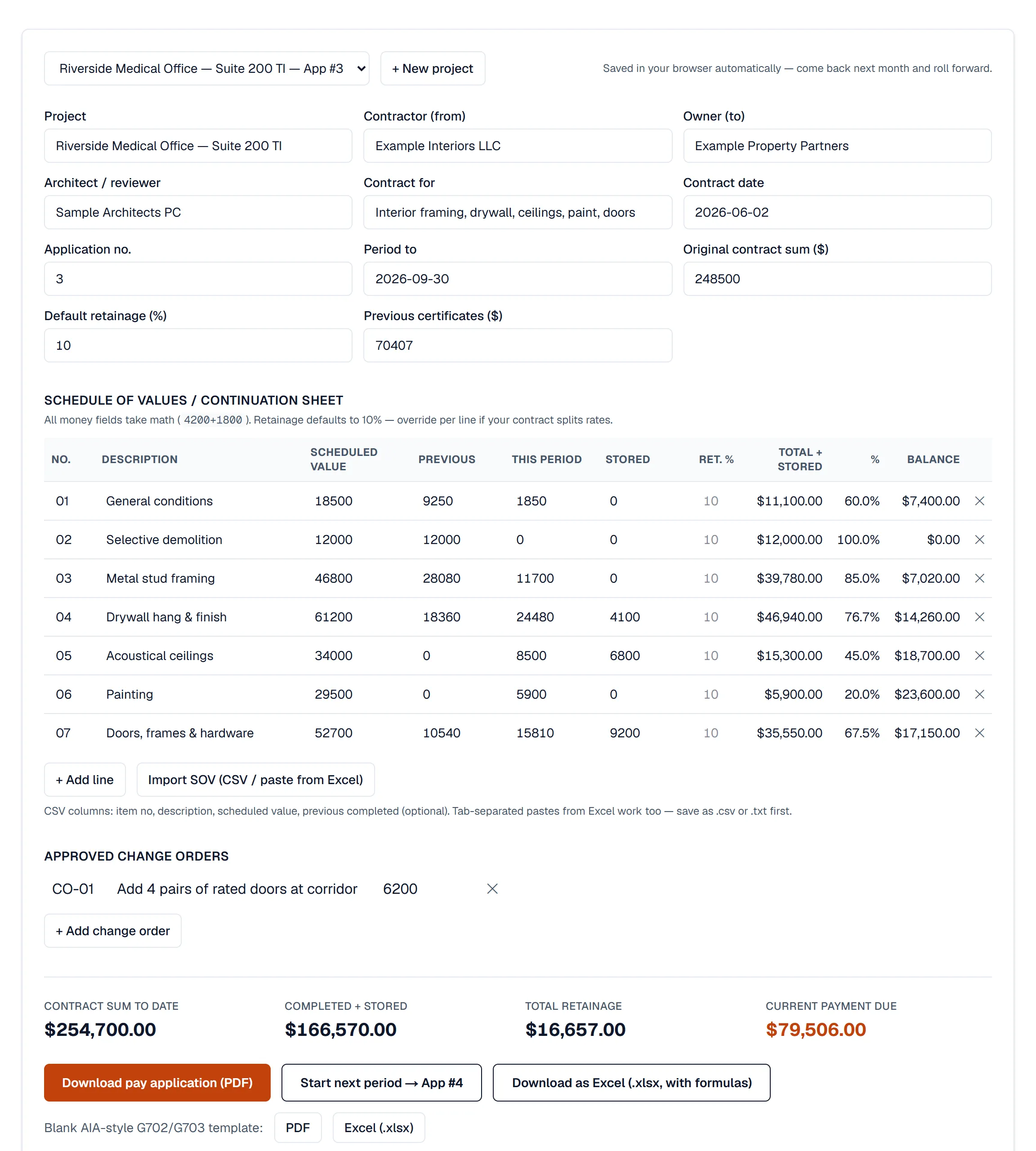 BuiltSum pay application generator showing a seven-line G703-style continuation sheet and a current payment due of $79,506
