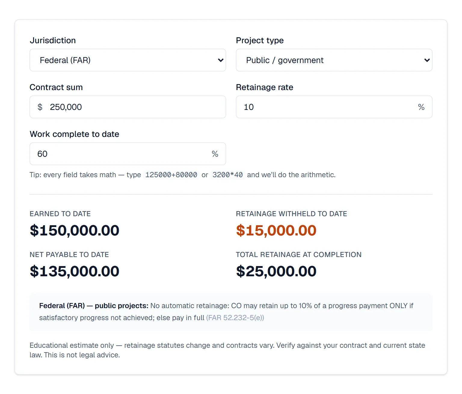 BuiltSum retainage calculator for a $250,000 federal contract at 10% and 60% complete, showing $15,000 withheld to date and the FAR 52.232-5(e) rule