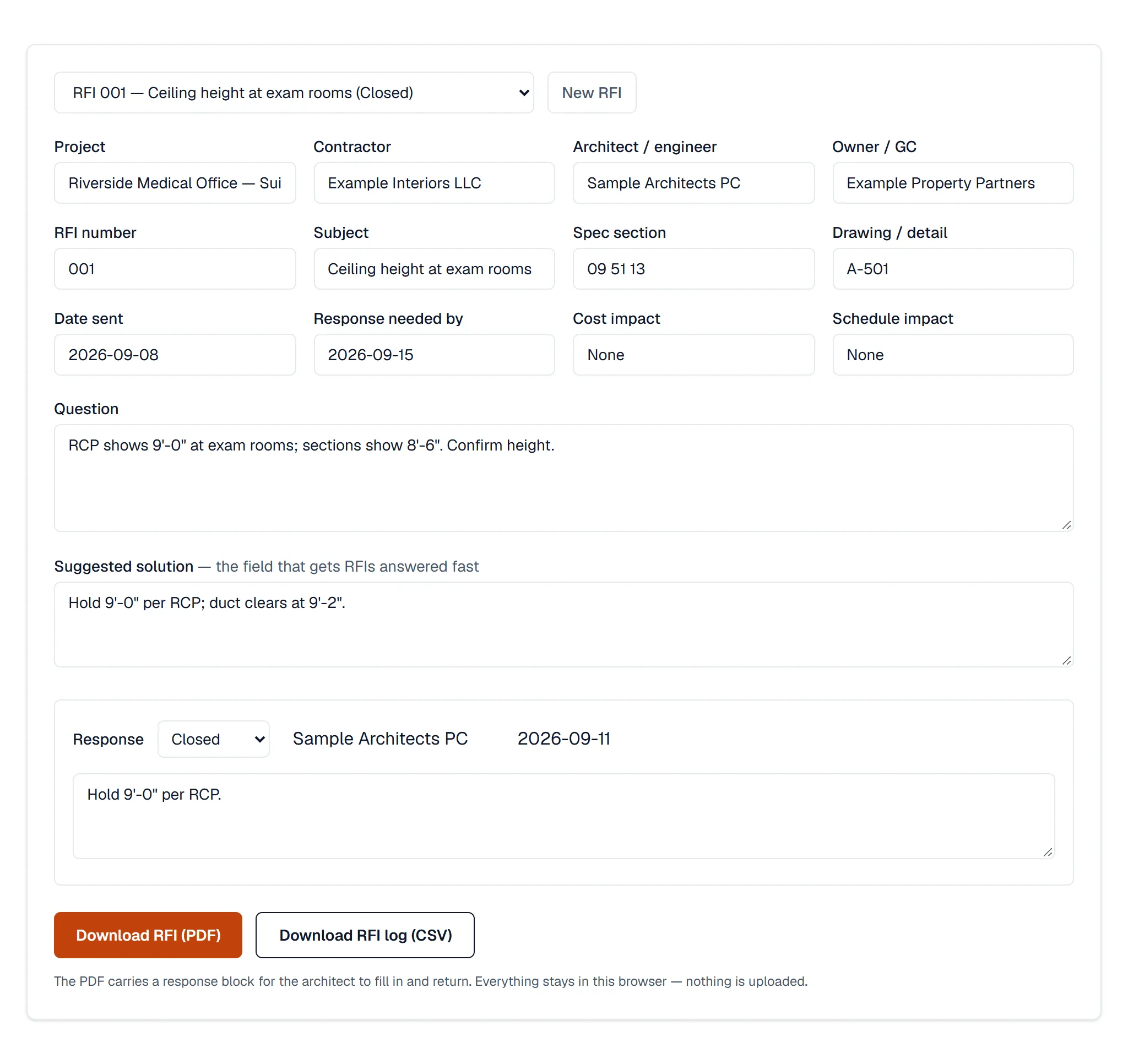 BuiltSum RFI form: RFI 001 on ceiling height, with spec section, drawing reference, question, suggested solution and the architect's dated response